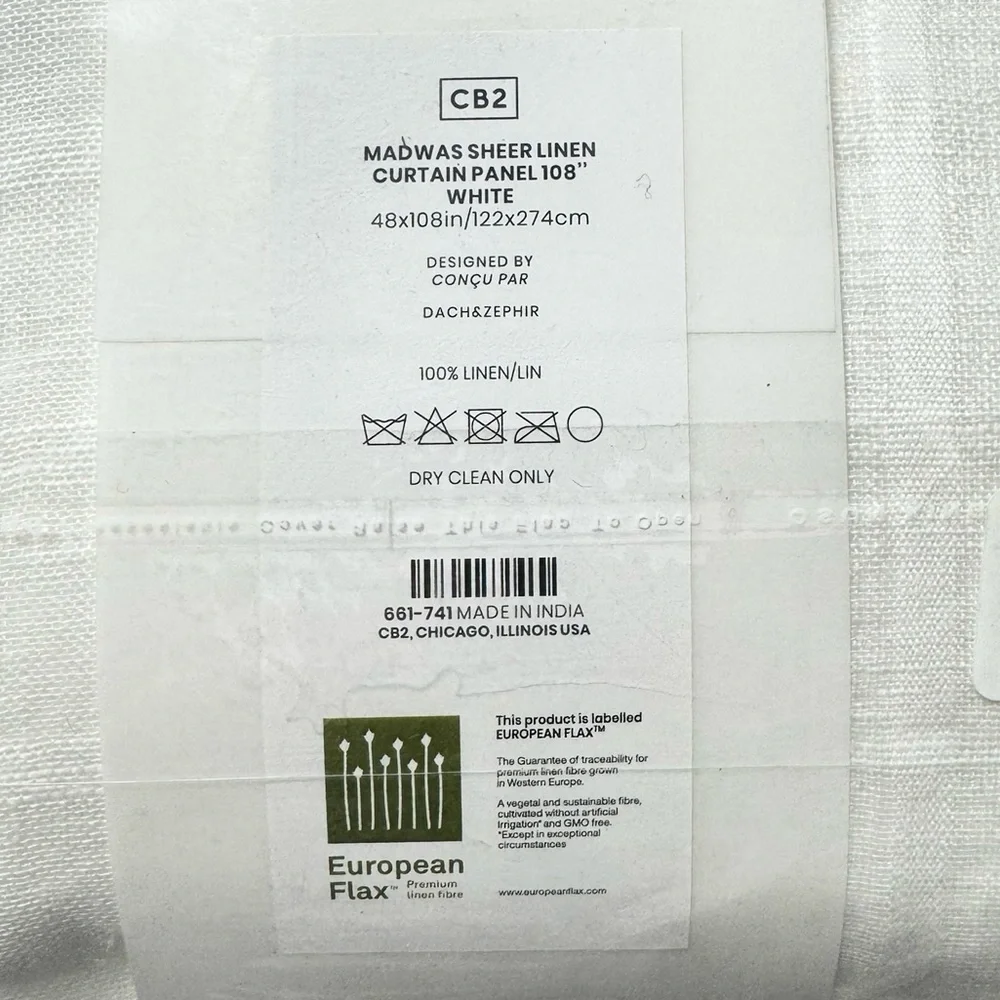 NWT CB2 Sheer White European 100% Flax Linen Window Curtain Panel‎ 48 x 108